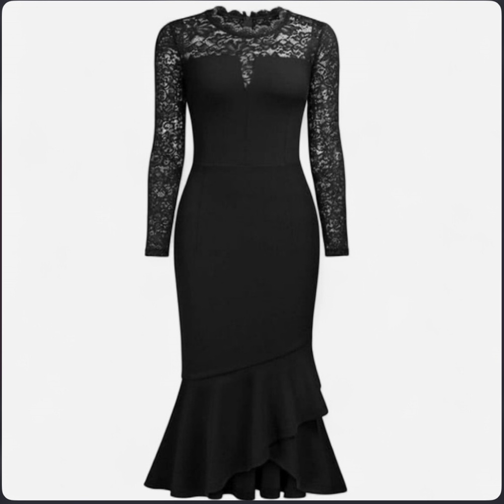 Knitee Women’s Long Sleeve Lace Midi Dress Black Size Medium